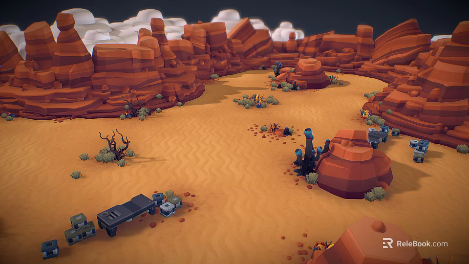 Desert Canyon Natural Landscape With Red Rock Formations Sand Dunes And Scattered Plants 3d model 