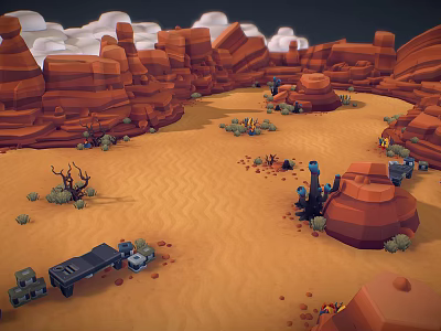 Desert Canyon Natural Landscape With Red Rock Formations Sand Dunes And Scattered Plants 3d model