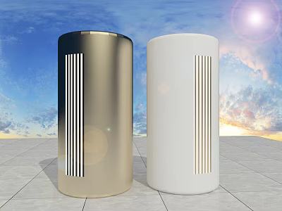 Golden and White Cylindrical Air Conditioner Fan with Blue Sky Sunset and Gray Ground 3d model