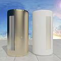 Golden and White Cylindrical Air Conditioner Fan with Blue Sky Sunset and Gray Ground