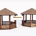 Two Wooden Gazebos With Pyramid Roof Railing And Columns Design