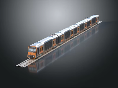 Modern Passenger Train With Multiple Carriages On Reflective Railway Track Design 3d model