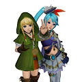 Two Game Characters With Green Hooded Outfit Blue Hair And Feathered Accessory