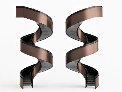 Modern Elegant Spiral Staircase with Symmetrical Spiral Design Copper Metal Structure and Black Steps 3d model