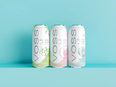 VOSS Flavored Beverage Cans With Three Different Fruit Flavors On Light Blue Background 3d model