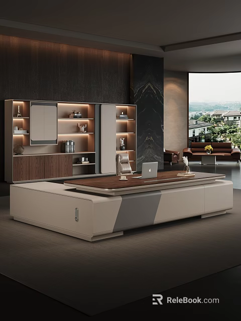 Modern Office Desk With Wooden Top White Storage Cabinets And Laptop Near Sofa 3d model 
