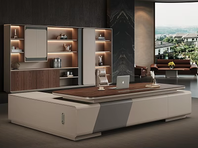 Modern Office Desk With Wooden Top White Storage Cabinets And Laptop Near Sofa 3d model