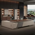 Modern Office Desk With Wooden Top White Storage Cabinets And Laptop Near Sofa