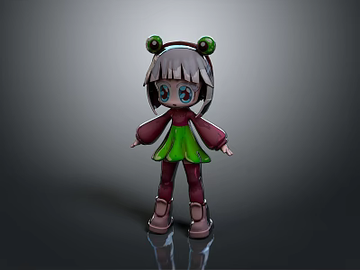 Cartoon 3D Girl Character With Gray Hair Green Accessories Green Dress Red Pants Brown Shoes 3d model