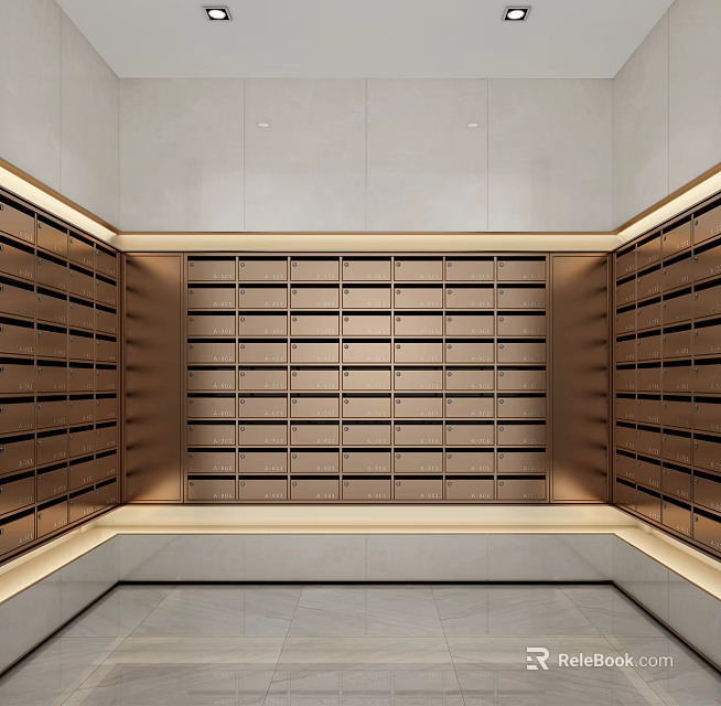 Modern Public Mailbox Facility with Neatly Arranged Metal Mailboxes and Sleek Contemporary Design 3d model 
