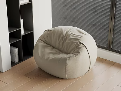Beige Bean Bag Chair On Wooden Floor Next To Black Bookshelf With Gray Window Blinds 3d model