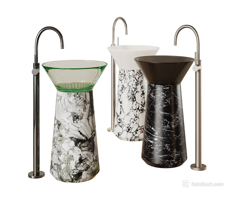 Modern Decorative Pedestal Washbasins In Black White And Transparent Styles With Metal Faucets 3d model 