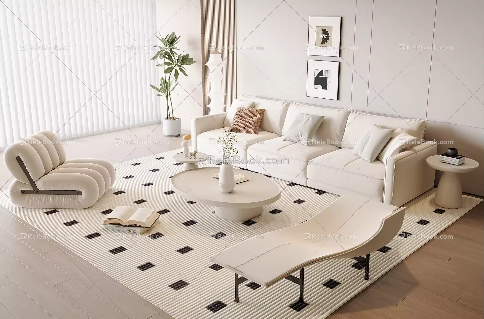 Modern Cream Style Sofa Coffee Table Combination Multi-person Sofa Coffee Table Fruit Plate Sofa Single-person Sofa Casual Chair Sofa Single-person Sofa 3d model