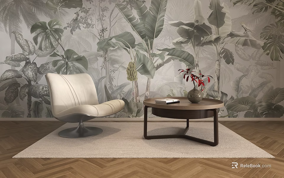 Modern Coffee Table With Vase And Books In Tropical Wallpaper Living Room With Armchair 3d model 