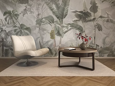 Modern Coffee Table With Vase And Books In Tropical Wallpaper Living Room With Armchair 3d model