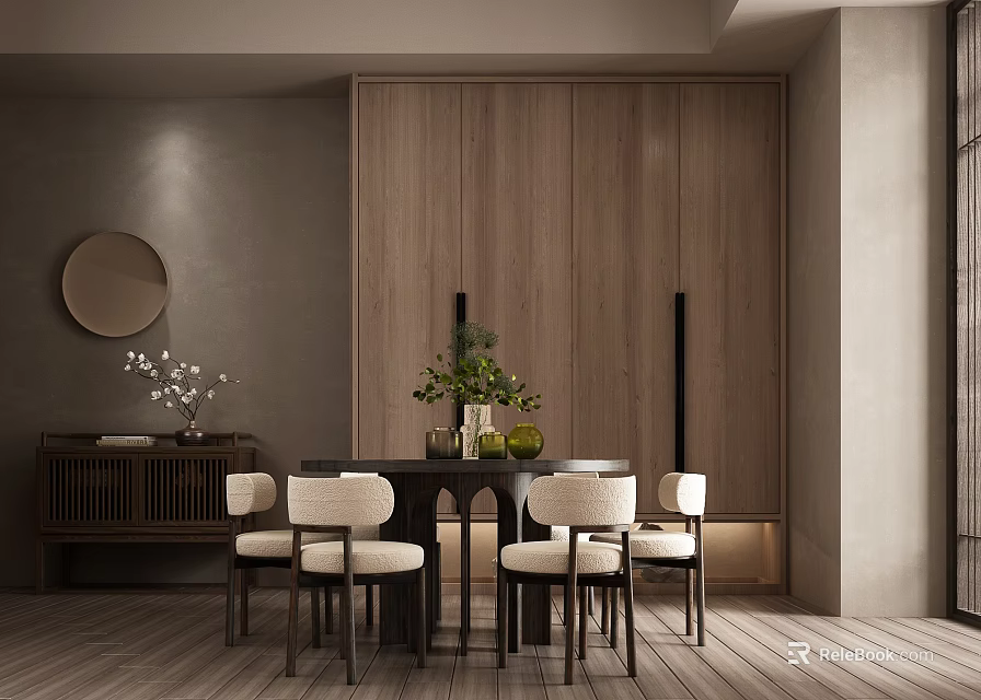 Modern Restaurant Interior With Wooden Cabinets Round Dining Table White Chairs And Green Plants 3d model 