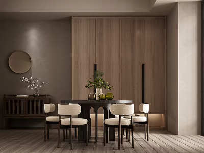 Modern Restaurant Interior With Wooden Cabinets Round Dining Table White Chairs And Green Plants 3d model