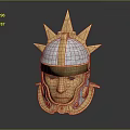 Ancient Warrior Character Wearing Spiked Golden Silver Helmet With Ornate Design