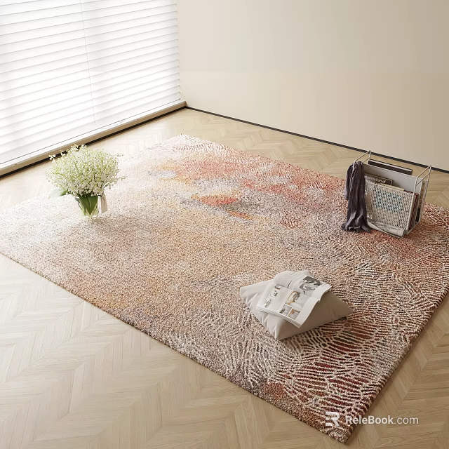 Square Rug on Wooden Floor with White Flowers Vase Folded Newspapers Magazines and Dark Cloth 3d model 