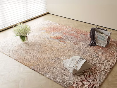 Square Rug on Wooden Floor with White Flowers Vase Folded Newspapers Magazines and Dark Cloth 3d model