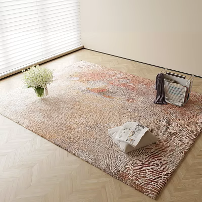 Square Rug on Wooden Floor with White Flowers Vase Folded Newspapers Magazines and Dark Cloth 3d model