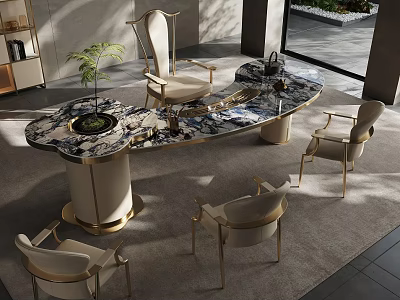 Luxury Marble Tea Table With Gold Trim And Elegant Armchairs In Modern Lounge Space 3d model