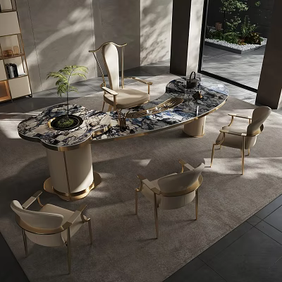 Luxury Marble Tea Table With Gold Trim And Elegant Armchairs In Modern Lounge Space 3d model