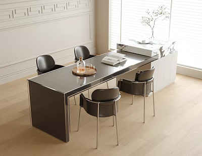 Modern Black Dining Table and Chairs in Bright Room With Wooden Tray Documents and Vase 3d model
