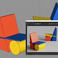Modern Geometric Accent Chair With Red Blue Yellow Color Blocks And Abstract Structure Design