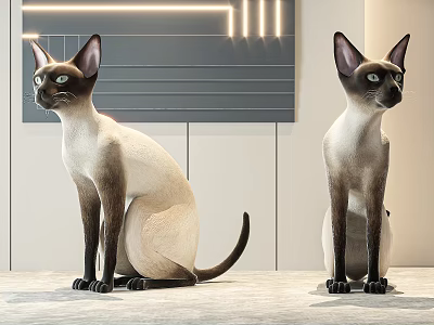 Two Siamese Cats In Sitting Posture Against Modern Interior With Wall Lighting 3d model