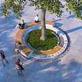 Round Tree Pit with Wooden Seating Area Paved Ground and Green Foliage in Public Space