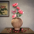 Elegant Decorative Ornament Set With Pink Roses Butterflies Petals On Wooden Table And Wall Painting