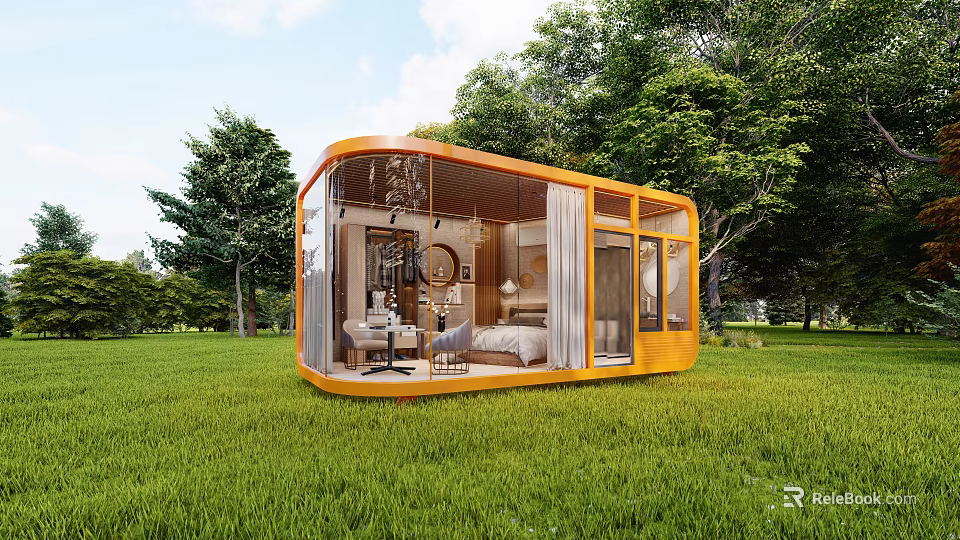 Modern Detached Villa With Wooden Structure Large Glass Walls On Green Lawn Surrounded By Trees 3d model 
