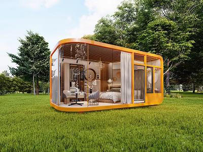 Modern Detached Villa With Wooden Structure Large Glass Walls On Green Lawn Surrounded By Trees 3d model