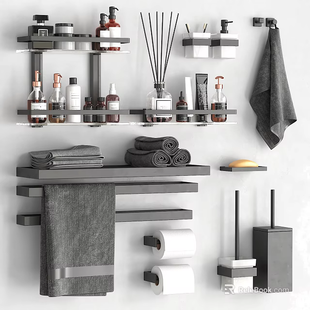 Modern Bathroom Cabinet Rack With Gray Towels Toiletries Stacked Linens And Roll Paper 3d model 