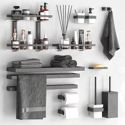 Modern Bathroom Cabinet Rack With Gray Towels Toiletries Stacked Linens And Roll Paper 3d model