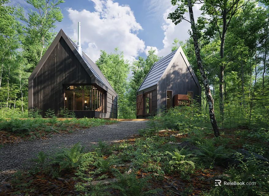 Modern Detached House Exterior In Forest With Greenery And Gravel Driveway 3d model 