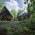 Modern Detached House Exterior In Forest With Greenery And Gravel Driveway