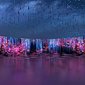 Immersive Art Installation With Starry Ceiling Colorful Light Curtains And Reflective Floor