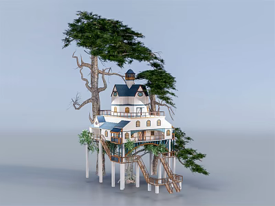 Enchanting Treehouse Structure Surrounded By Tall Trees With Wooden Stairs And Pillars 3d model