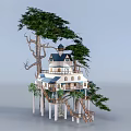 Enchanting Treehouse Structure Surrounded By Tall Trees With Wooden Stairs And Pillars