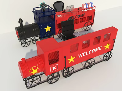 Red Train Shaped Reception Desk With Welcome Sign Computer And Plant 3d model