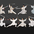 Men In White Outfits Practicing Sword Martial Arts With Various Poses On Black Background