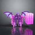 Purple Pink Glowing Dragon Creature With Mechanical Wings And Pink Block Structure 3d model