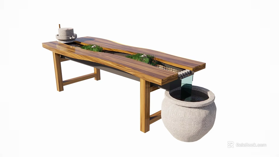 Wooden Tea Table With Solid Wood Surface Green Plants Small Waterfall And Stone Basin 3d model 