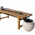 Wooden Tea Table With Solid Wood Surface Green Plants Small Waterfall And Stone Basin 3d model