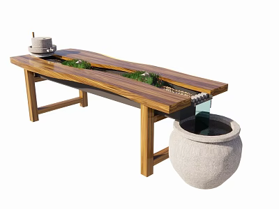 Wooden Tea Table With Solid Wood Surface Green Plants Small Waterfall And Stone Basin 3d model