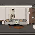 Modern Chinese Restaurant Interior With Sofa Coffee Table Decorative Painting Wooden Bookshelf And Area Rug