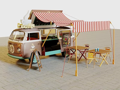 Outdoor Wooden Table Setup Near Vintage Coffee Food Truck With Striped Awning 3d model