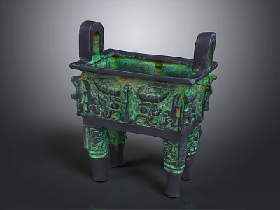 Ancient Bronze Tripod With Green Patina And Intricate Traditional Carvings 3d model